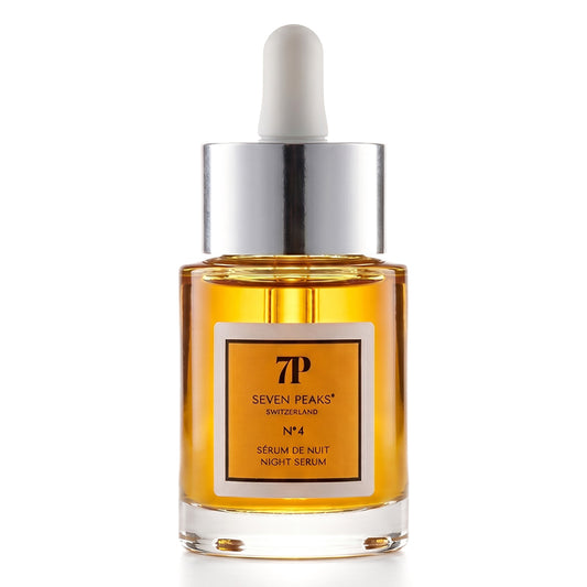 Night Serum Oil N°4 — amber glass bottle, stamped 7P SEVEN PEAKS SWITZERLAND